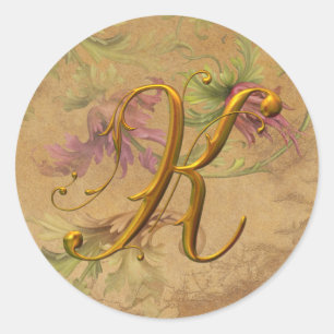 Sticker Rond KRW Vintage Floral Or K Monogramme Mariage Seal