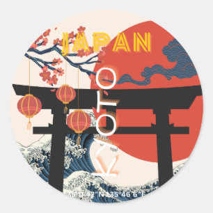 Sticker Rond Kyoto Japan Travel Art, Art Voyage Retro