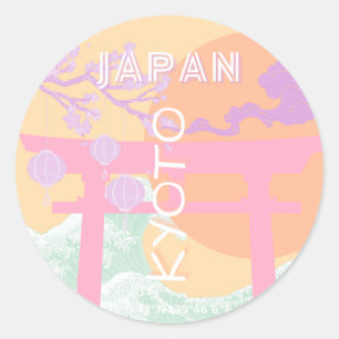 Sticker Rond Kyoto Japan Travel Art, Orange Pastel Art