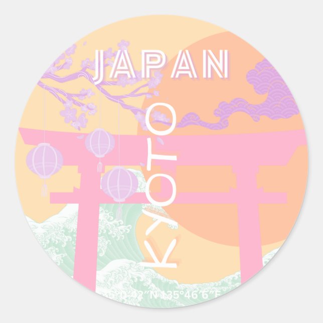 Sticker Rond Kyoto Japan Travel Art, Orange Pastel Art (Devant)