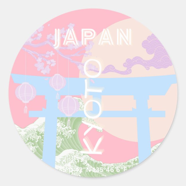 Sticker Rond Kyoto Japan Travel Art, Pink Pastel Travel Art (Devant)