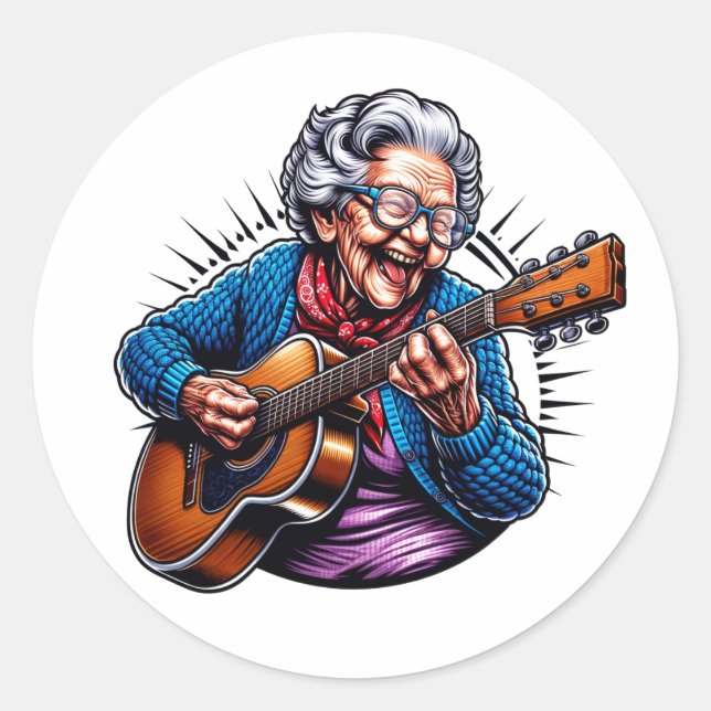 Sticker Rond La bande dessinée amusante de Rockin' Grandma (Devant)