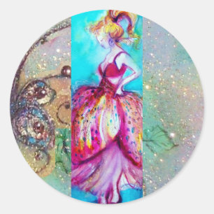 Sticker Rond LA BEAUTÉ EN ROBE ROSE / Plante Papillon Magique