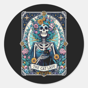 Sticker Rond La carte de tarot de la dame aux chats squelette m