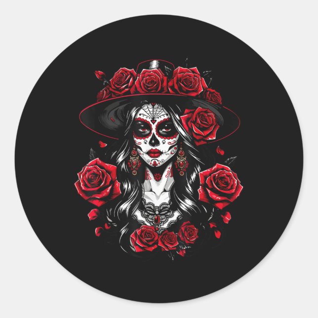 Sticker Rond La Catrina Women Dia De Los Muertos Latino Cinco D (Devant)