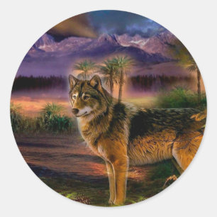 Sticker Rond La chasse au loup en montagne