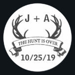 Sticker Rond "La chasse est terminée" Antler Rustic Mariage Cus<br><div class="desc">Customisez-le avec les initiales du couple et la date du mariage.</div>