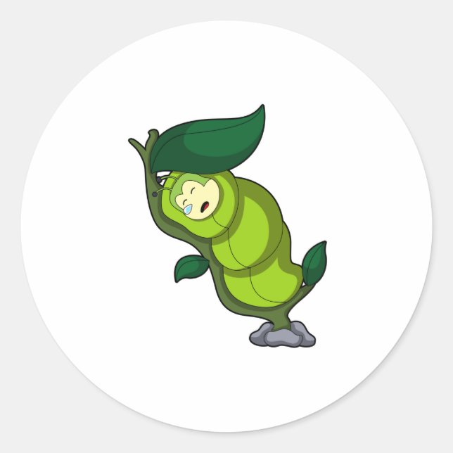 Sticker Rond La chenille au coucher avec la feuille (Devant)