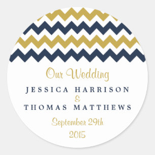 Sticker Rond La collection Mariage moderne Chevron - Marine & G