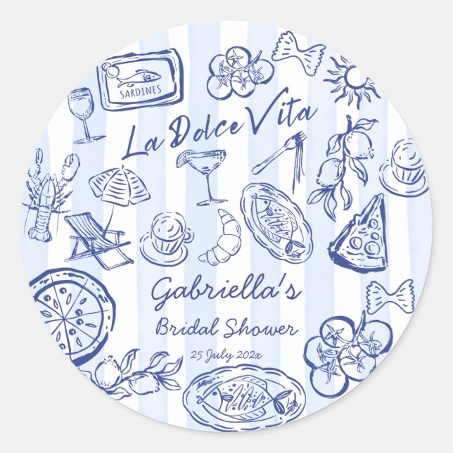 Sticker Rond La dolce vita blue stripes Italian bridal shower (Devant)