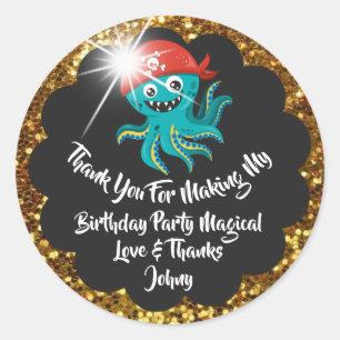 Sticker Rond La faveur de pirate d'anniversaire remercient l'or