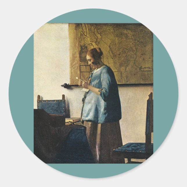 Sticker Rond La femme de Vermeer en bleu Lire une lettre ca.166 (Devant)