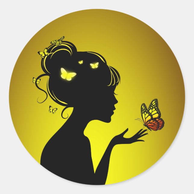 Sticker Rond La femme papillons jaunes (Devant)