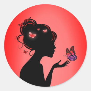 Sticker Rond La femme papillons rouges