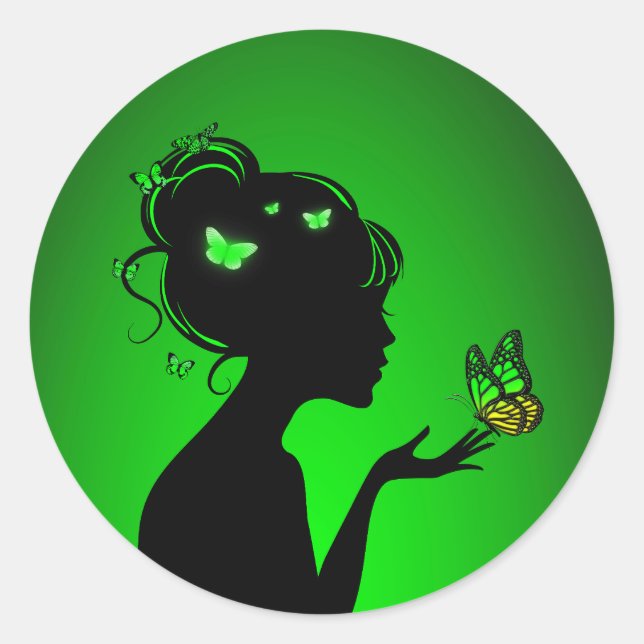 Sticker Rond La femme papillons verts (Devant)