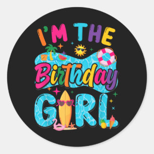 Sticker Rond La fille d'anniversaire Fête de piscine Plage Fami
