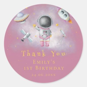 Sticker Rond La fille spatiale Astronaut rockets étoiles Annive