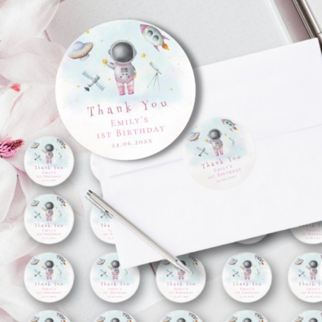 Sticker Rond La fille spatiale Astronaut roquettes roses étoile (Créateur téléchargé)