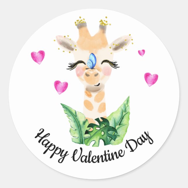 Sticker Rond La Giraffe Et L'Autocollant Valentin Papillon (Devant)
