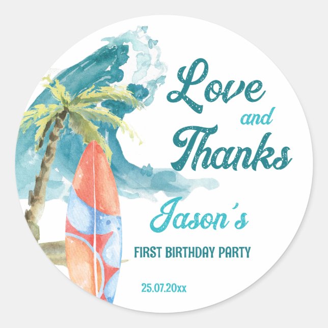 Sticker Rond La grande fête de surf rétro plage merci (Devant)