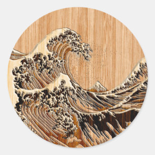 Sticker Rond La Grande Vague Hokusai Style Bamboo Bois
