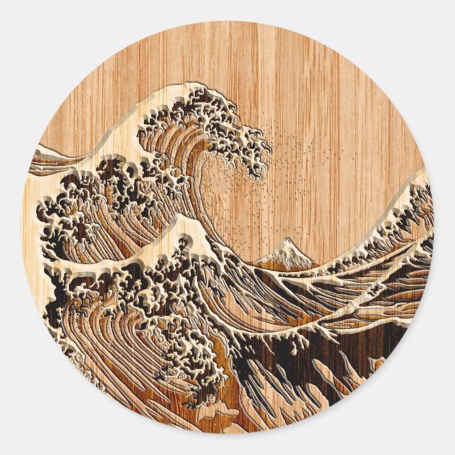 Sticker Rond La Grande Vague Hokusai Style Bamboo Bois (Devant)