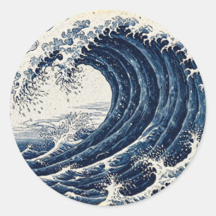 Sticker Rond La Grande Vague Indigo — Style Gravure sur Bois