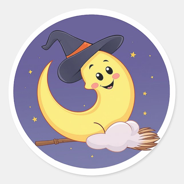 Sticker Rond La lune porte une sorcière casquette (Devant)