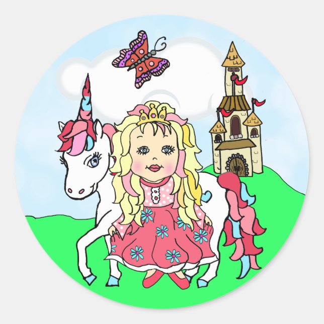 Sticker Rond La mignonne Blonde Haired Princess et le château d (Devant)