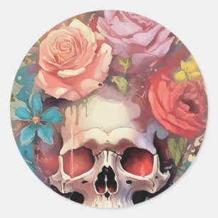 Sticker Rond La mort par pastels, roses et crâne gothique qui r