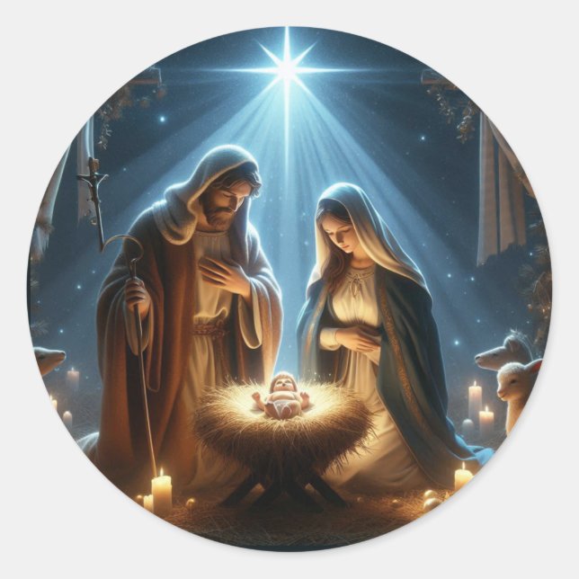 Sticker Rond La Nativité - Marie Joseph et bébé Jésus (Devant)
