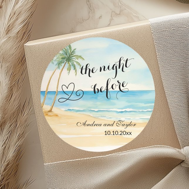 Sticker Rond La nuit d'avant plage et palmiers Mariage (Créateur téléchargé)