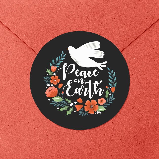 Sticker Rond La paix sur Terre Noël (A pretty envelope seal for your Christmas holiday mail.)