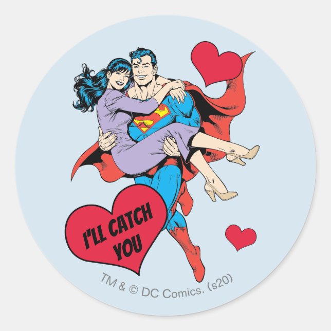 Sticker Rond La Saint-Valentin Superman | Je vais vous attraper (Devant)