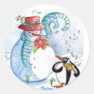 STICKER ROND LA SÉRÉNADE HIVERNALE DE SNOWMAN ET PENGUIN