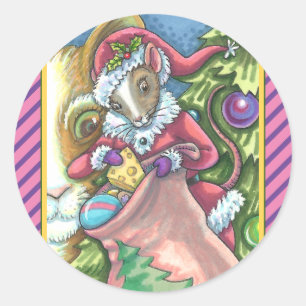 STICKER ROND LA SOURIS PÈRE NOËL APPORTE DE BONS CHATS CADEAUX
