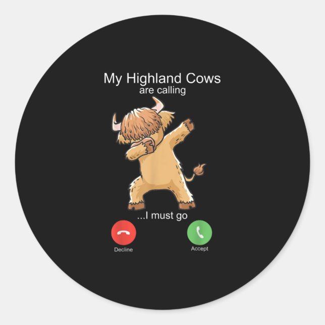 Sticker Rond La vache écossaise des Highlands appelle (Devant)
