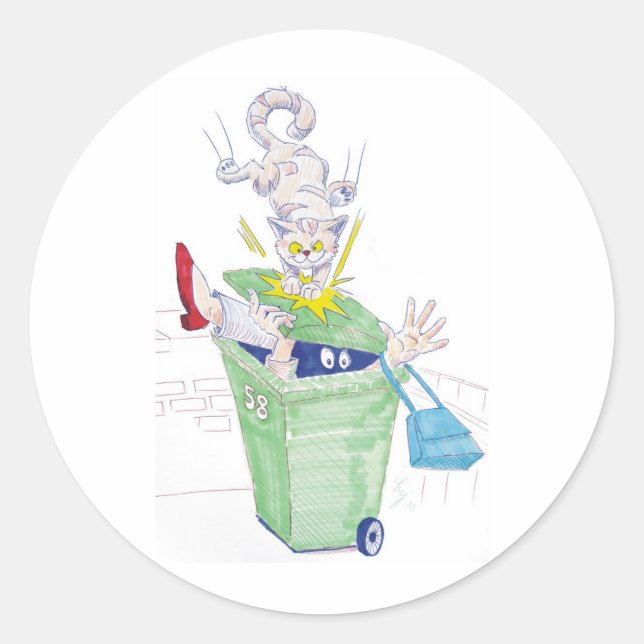 Sticker Rond La vengeance du chaton à bac à roues ! (Devant)