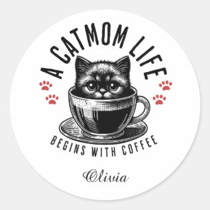 Sticker Rond La vie de maman de chat commence avec du café - pe