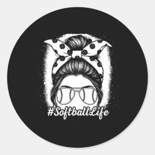 Sticker Rond La vie du softball Chignon désordonné Gante de bat