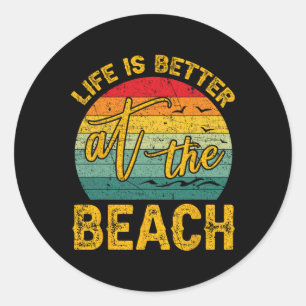 Sticker Rond La vie est meilleure à la plage Rétro Palmiers Été