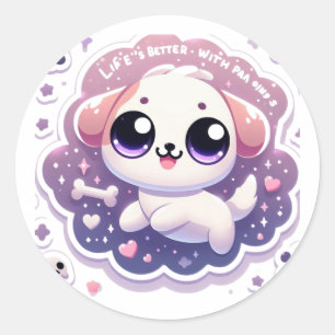 Sticker Rond La vie est meilleure avec Paw Kawaii Puppy Craft S