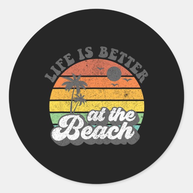 Sticker Rond La Vie Est Mieux À La Plage Rétro Vacances Été (Devant)