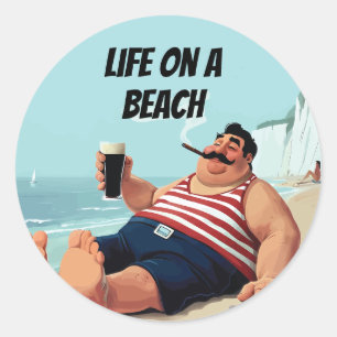 Sticker Rond La vie sur la plage, un homme fumant un cigare et 