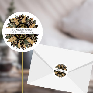 Sticker Rond Label d'adresse de retour Boho Sunflower Modern