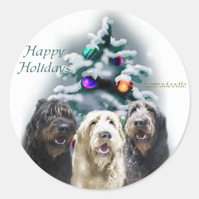 Sticker Rond Labradoodle Cadeaux de Noël (Devant)
