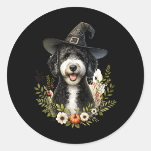 Sticker Rond Labradoodle chien noir et blanc Halloween aquarell