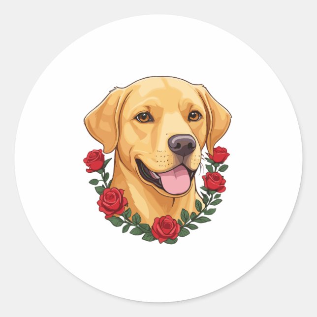 Sticker Rond Labrador avec des roses rouges (Devant)