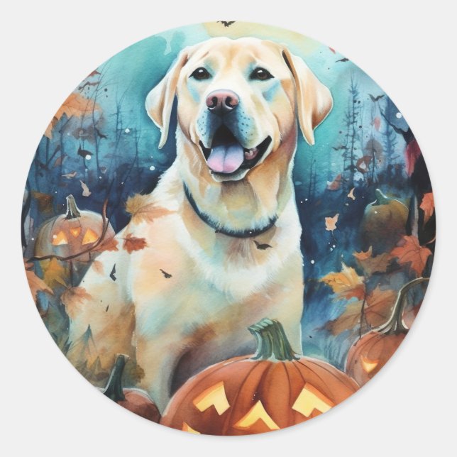 Sticker Rond Labrador Halloween avec citrouilles effrayantes (Devant)
