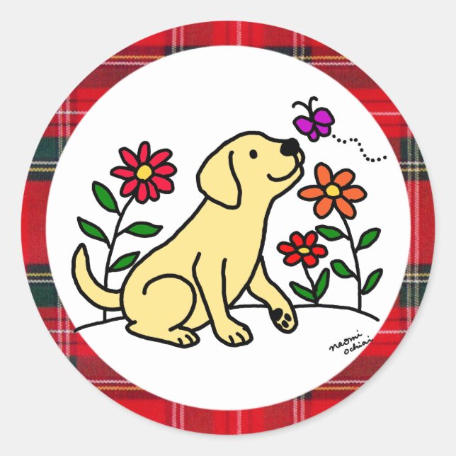 Sticker Rond Labrador jaune et vert avec coeur (Devant)